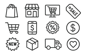 E-commerce shopping line icon set. Retail sale, online store, and delivery symbols. Outline collection with cart, discount, payment, and package for web and mobile design.