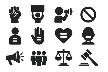 Protest and justice solid icon set. Activism, equality, and human rights legal icons collection. Vector symbols for demonstration, strike, and social issues concepts.