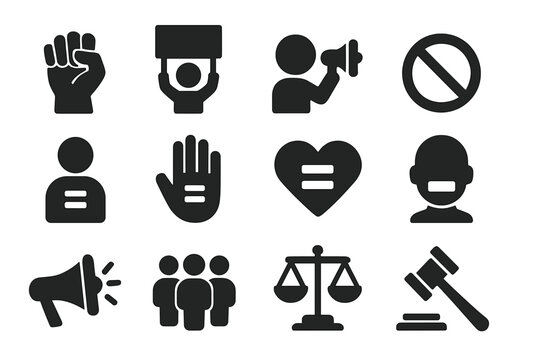 Protest and justice solid icon set. Activism, equality, and human rights legal icons collection. Vector symbols for demonstration, strike, and social issues concepts.