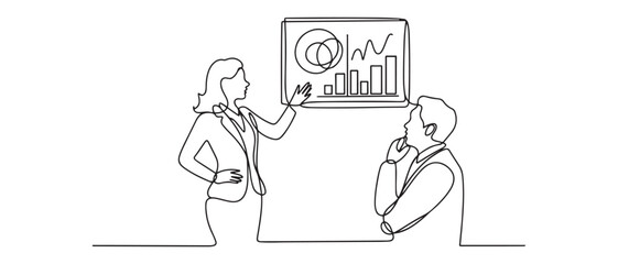 Continuous one line drawing businesswoman employee explain data in screen to manager. Training and workshop concept. Single line draw design. Vector black silhouette. with white background