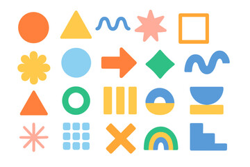 Collection of bright basic geometric shapes. Abstract contemporary figures and symbols for creative design. Minimalist vector graphic elements set for posters or patterns.