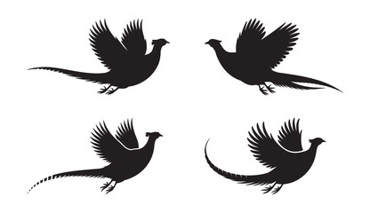 Silhouetted black pheasants flying with wings spread across a white background