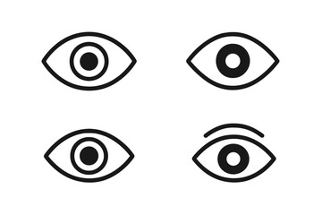 Eye icon set. Simple outline vision symbol collection. Linear look, see and watch icons for branding. Vector illustration for web ui. Ophthalmology and optic logo element.