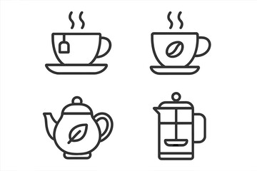 Minimalist Tea and Coffee Outline Icons Set, Linear Beverage and Kitchen Symbols, Vector Illustration of Hot Tea Cup, Coffee Cup, Teapot, and French Press on Transparent Background