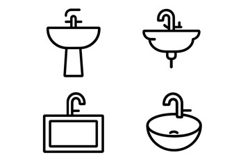 Sink icon set. Wash outline icon collection. Vector bathroom and kitchen fixture symbols. Lavatory, washstand, basin. Faucet pictogram. Plumbing and hygiene concept.