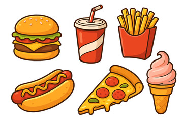 Fast food vector icon set. Cartoon collection with burger, pizza slice, hot dog, French fries, soda drink and ice cream. Junk food illustration for restaurant menu design.