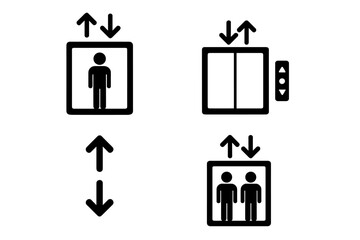 Elevator and lift vector icon set. Simple silhouette pictograms showing people, doors, and direction arrows. For public building signage, web, mobile app UI and UX design.