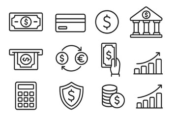 Finance and banking line icon set. Vector symbols for money, payment, and currency exchange. Includes icons for investment growth, bank, ATM, and secure transactions.