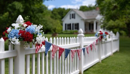 Patriotic blooms and bunting adorning white picket fence, highlighting classic american home celebrating national pride during summer holiday