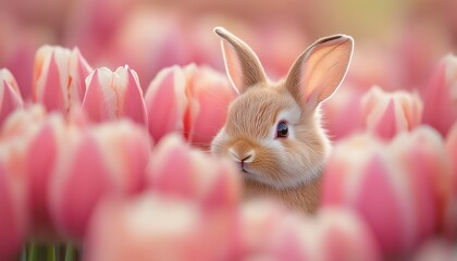 Adorable bunny hiding in tulips, pastel light, macro crisp detail
