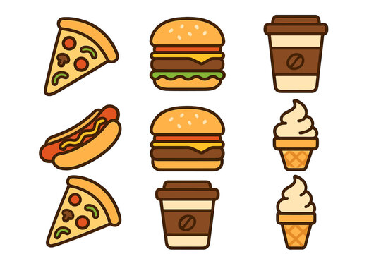 Fast food icons set. Junk food collection with pizza slice, hamburger, hot dog, coffee cup, ice cream cone. Flat design cartoon vector illustration for restaurant menu.