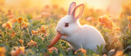 Adorable bunny nibbling a carrot, soft morning glow, closeup detail