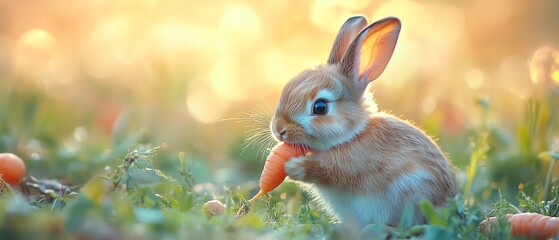 Adorable bunny nibbling a carrot, soft morning glow, closeup detail