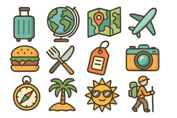 Colorful travel icon set for vacation and tourism. Vector pack with journey symbols like globe, map, airplane, and food. Adventure and exploration concept cartoon illustration.