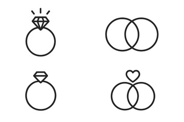 Wedding rings outline icon set with 4 linear design symbols for engagement and marriage celebration, romantic jewelry vector illustration on transparent background