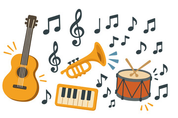 Obraz premium Musical instruments vector set with guitar, trumpet, drum, piano keyboard. Cartoon clipart illustration with music notes and clefs for band, concert or sound design concept.