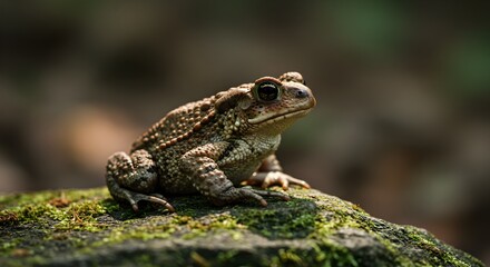 Obraz premium American toad resting on a mossy rock in a serene woodland setting