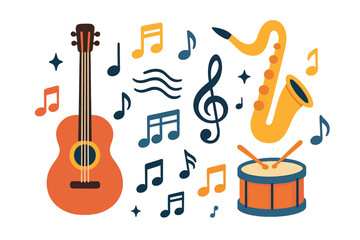 Collection of musical instruments with acoustic guitar, saxophone, and drum. Set of music notes and treble clef symbols. Modern flat cartoon vector illustration for concert or festival.
