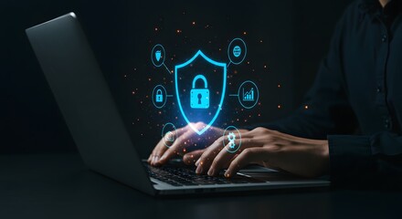 Person typing on a laptop with a digital shield and padlock overlay, representing cybersecurity and data protection in the digital age