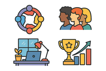 Set of business icons for corporate success. Colorful symbols for teamwork, diversity, collaboration. Modern workspace, achievement trophy, and growth chart for goals.