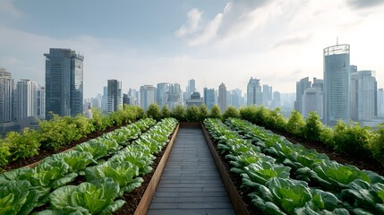 Fototapeta premium Urban Rooftop Garden with Lush Vegetables and City Skyscrapers