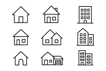 Fototapeta premium Home building outline icon set. Residential architecture linear symbols. Real estate property sign. House, apartment, office construction pictogram. Urban and suburban vector.