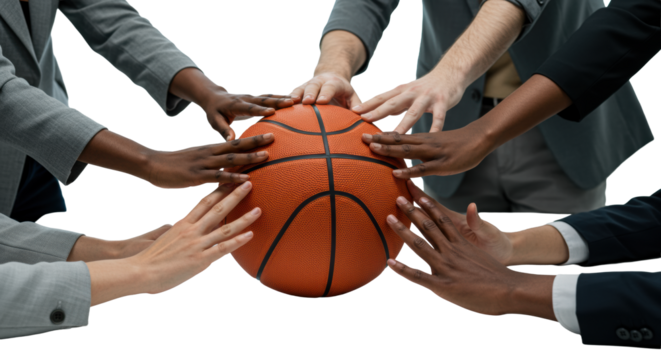 Diverse professional hands huddling around a vibrant orange basketball on a modern conference table, expertly lit, with blurred background and ample copy space, strategic teamwork concept