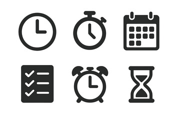 Time management icons set with clock, stopwatch, calendar, checklist, alarm clock, and hourglass symbols. Solid filled vector illustration for productivity and scheduling concepts