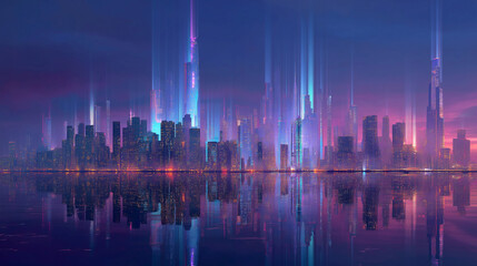 futuristic city skyline with holographic elements