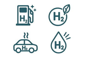 H2 hydrogen energy icons. Green fuel, renewable power, and eco friendly transport concept. Car, gas station, water drop, and leaf symbols. Sustainable future technology vector set.