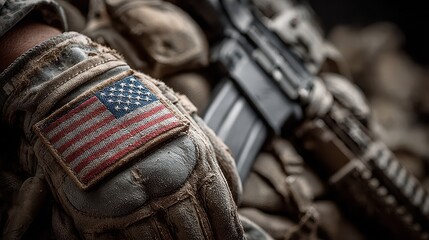 Military personnel in tactical gear with American flag patch during training exercise at dusk