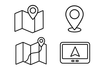 Map and gps line icon set for navigation. Location tracking outline collection. Vector illustration of route, destination, pin, and pointer. Geolocation symbols.