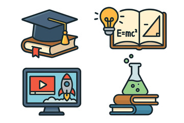 Education and knowledge vector icon set. Symbols of learning, science, innovation and discovery. Graduation cap, e-learning, physics formula, chemistry flask. Cartoon style.