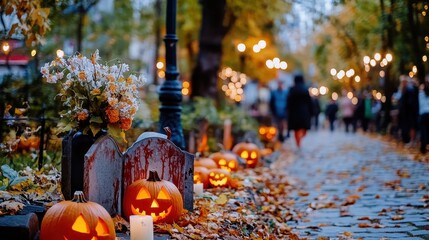 Autumnal Pathway Decorated with Jack-o'-lanterns and Halloween Lights Amid Colorful Fall Foliage