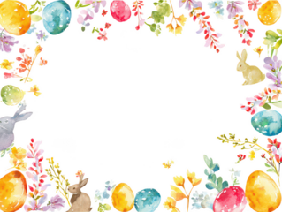 Watercolor easter eggs and bunnies border with spring flowers isolated on transparent background