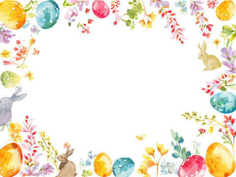 Watercolor easter eggs and bunnies border with spring flowers isolated on transparent background