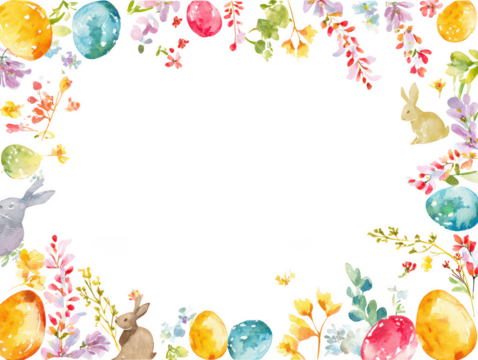 Watercolor easter eggs and bunnies border with spring flowers isolated on transparent background - Powered by Adobe