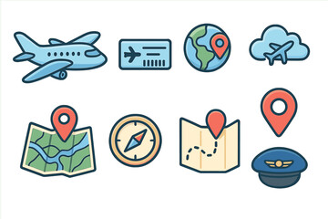 Set of air travel and navigation icons. Vector cartoon illustration of flight elements like airplane, globe, map, compass, ticket, and pilot hat for tourism and journey concepts.