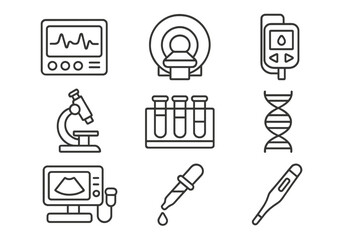 Medical technology line icon set. Healthcare devices for analysis, lab, and diagnostics. Vector outline icons of ECG, MRI, DNA, ultrasound, microscope, and diabetes test.