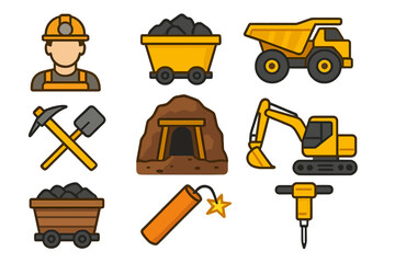 Fototapeta premium Mining icons set. Mineral extraction equipment and activities collection. Includes miner, dump truck, excavator, pickaxe, shovel, dynamite, mine cart. Vector cartoon illustration.