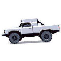 Side view of a white off-road pickup truck.