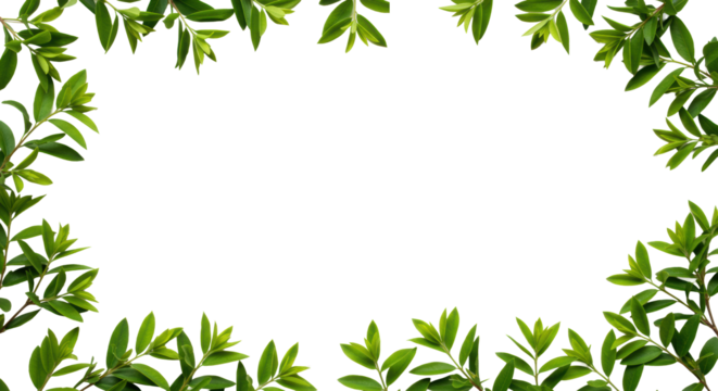 Lush, vibrant green foliage with natural texture frames a pristine transparent background, captured in a high-angle macro shot with soft diffuse lighting. Concept of natural growth and sustainability