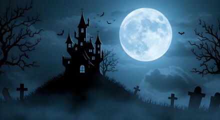Spooky Halloween Castle Silhouette Under a Full Moon with Bats and Graveyard - Eerie Night Scene