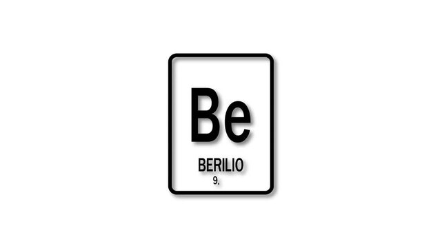9.01 as Element 4 of the Periodic Table. Design shows name, atomic weight and element number. black background 4k animation.