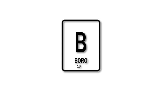 10.81 as Element 5 of the Periodic Table. Design shows name, atomic weight and element number. black background 4k animation.