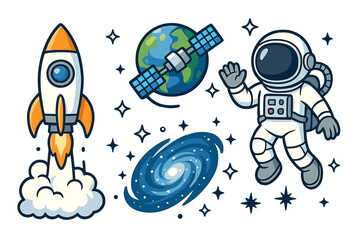 Space exploration cartoon vector set. Astronaut, rocket launch, satellite over planet Earth, galaxy, stars. Cute cosmic collection for kids. Universe adventure graphic elements.