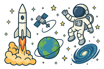 Space exploration vector icon set. Cartoon astronaut, rocket launch, planet Earth, satellite and galaxy. Cosmos discovery clip art collection for kids. Science graphic elements.