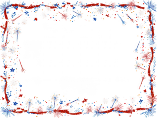 Festive red white and blue fireworks and confetti border isolated on transparent background