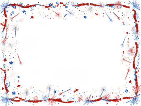 Festive red white and blue fireworks and confetti border isolated on transparent background