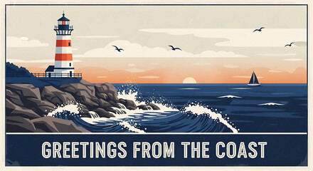 Stylized Coastal View with Lighthouse, Sailboat and Crashing Waves Painting a Picturesque Scene of Maritime Charm, with birds in the sky enhancing the coastal experience